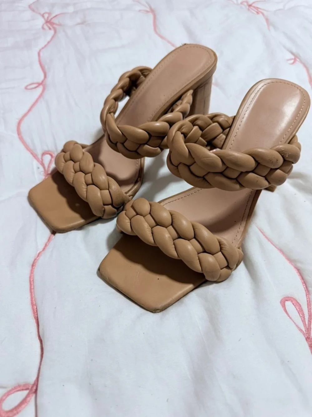 Braided Strap Square-Toe Slide Heels - Nude - Picture 4 of 7
